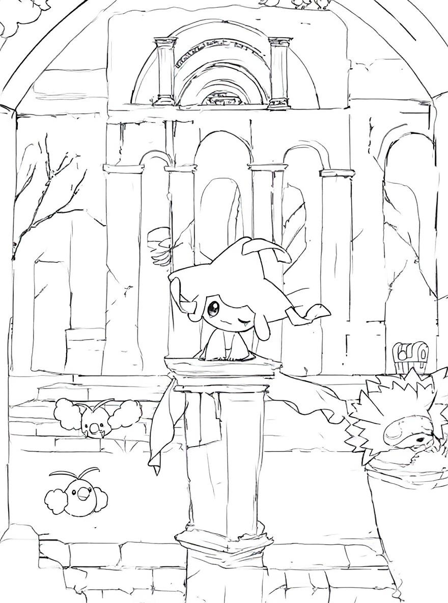 Jirachi smiling in ancient ruins coloring page