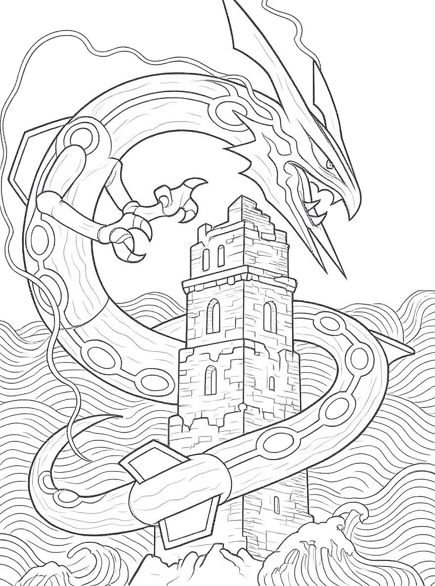 Legendary Rayquaza and tower coloring page