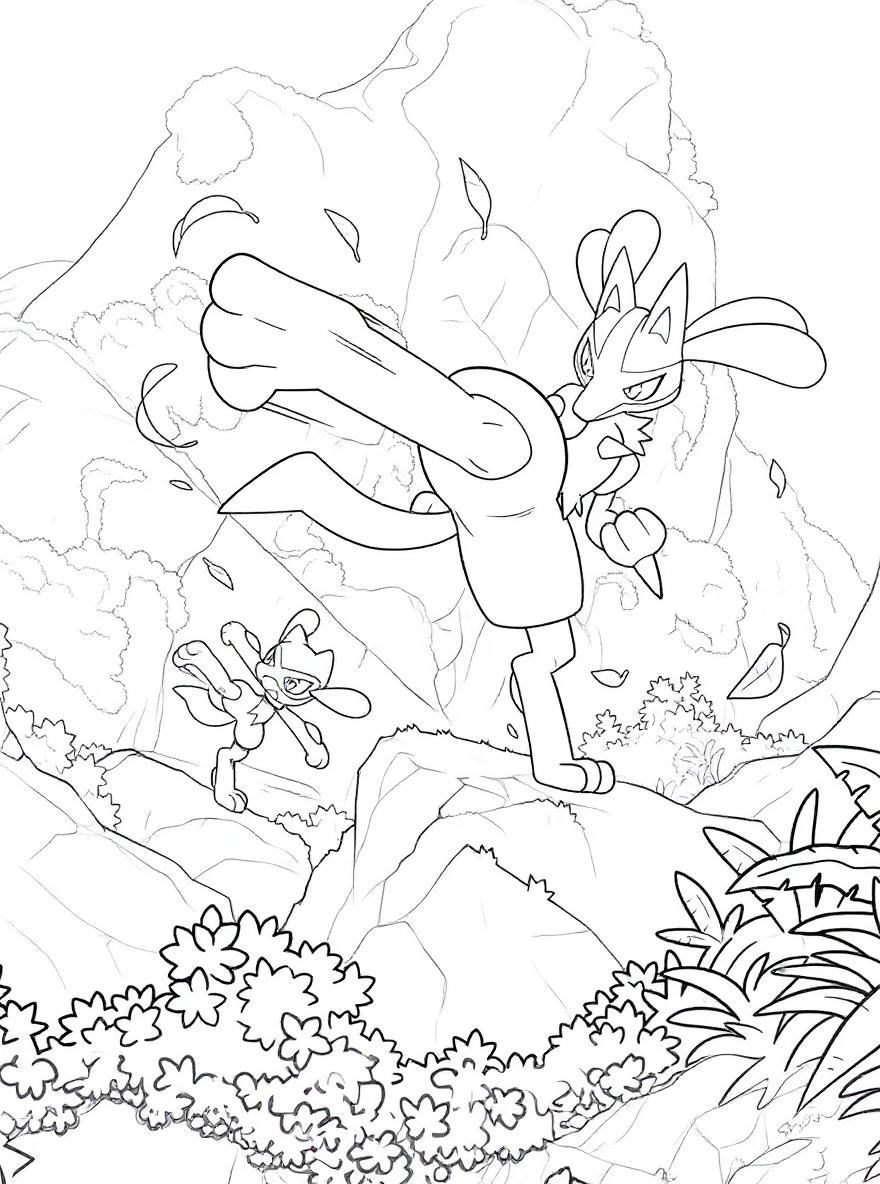Lucario and Riolu in action coloring page