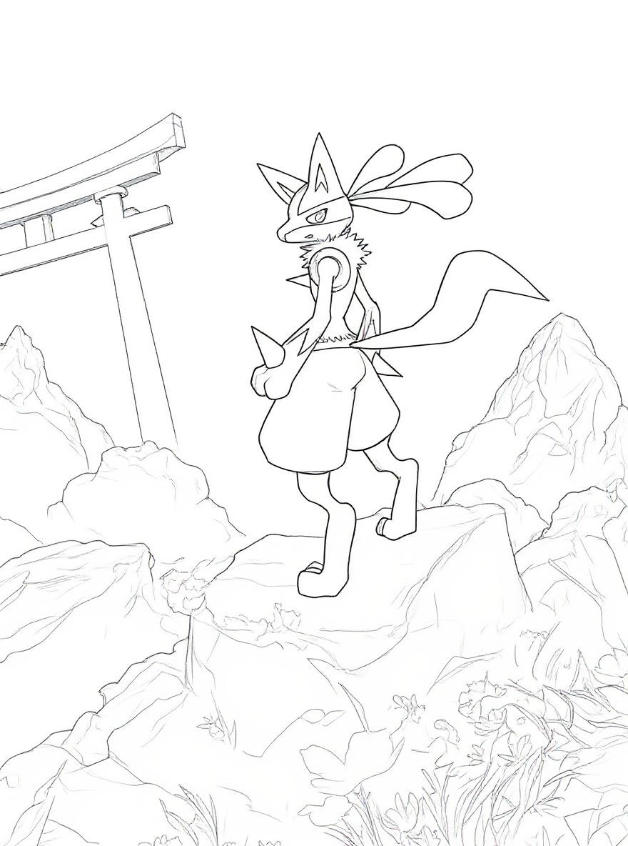 Lucario on a glowing hill coloring page