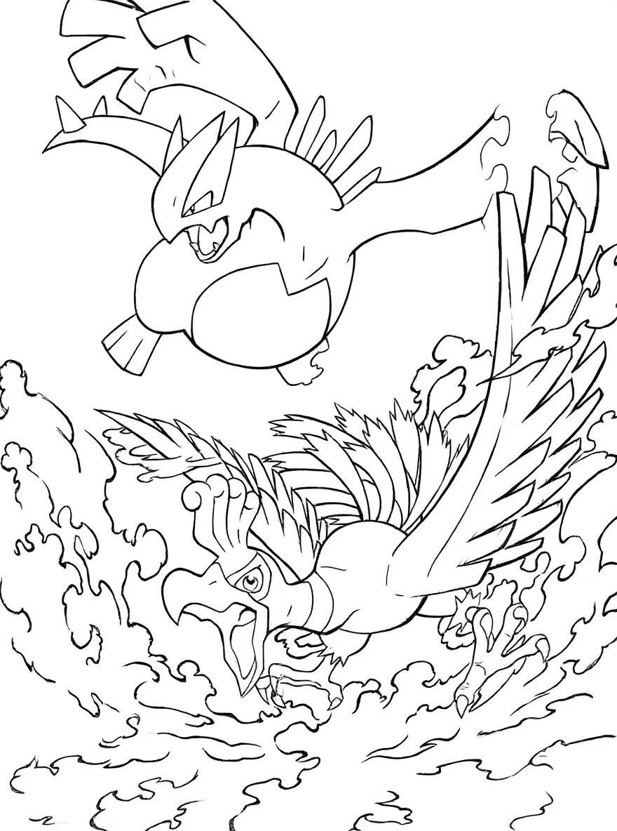 Lugia and HoOh pokemon battle coloring page