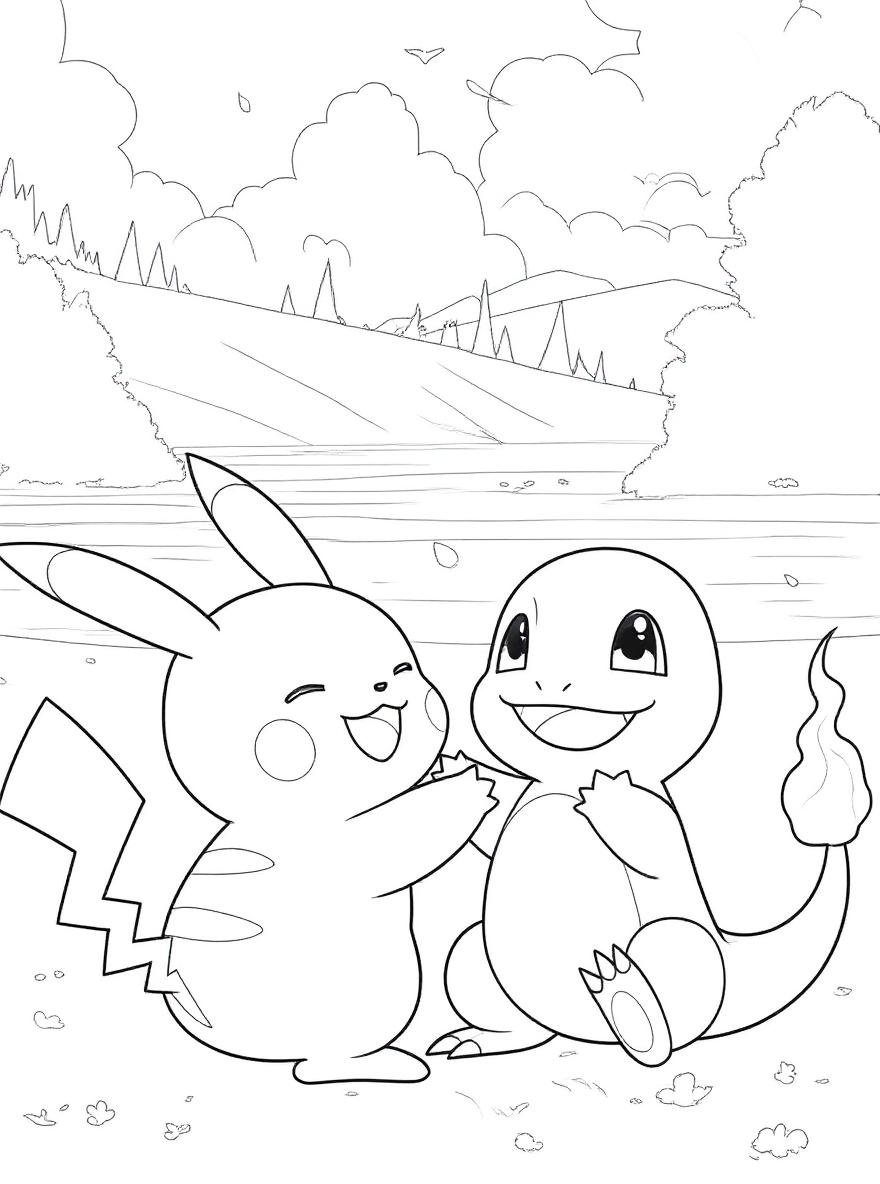 Pikachu and Charmander friendship coloring page