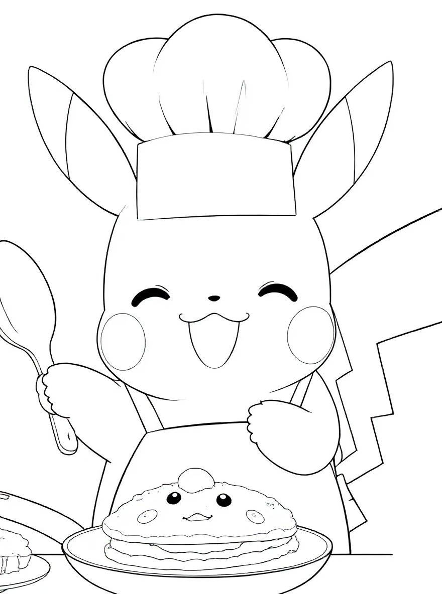 Pikachu chef making pancakes coloring page