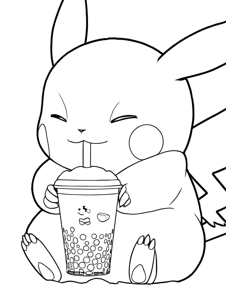 Pikachu enjoying a drink coloring page