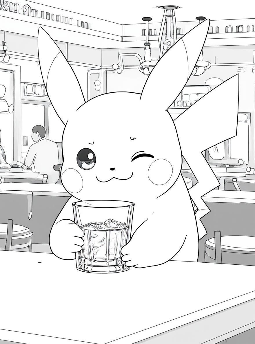 pikachu holding a drink coloring page