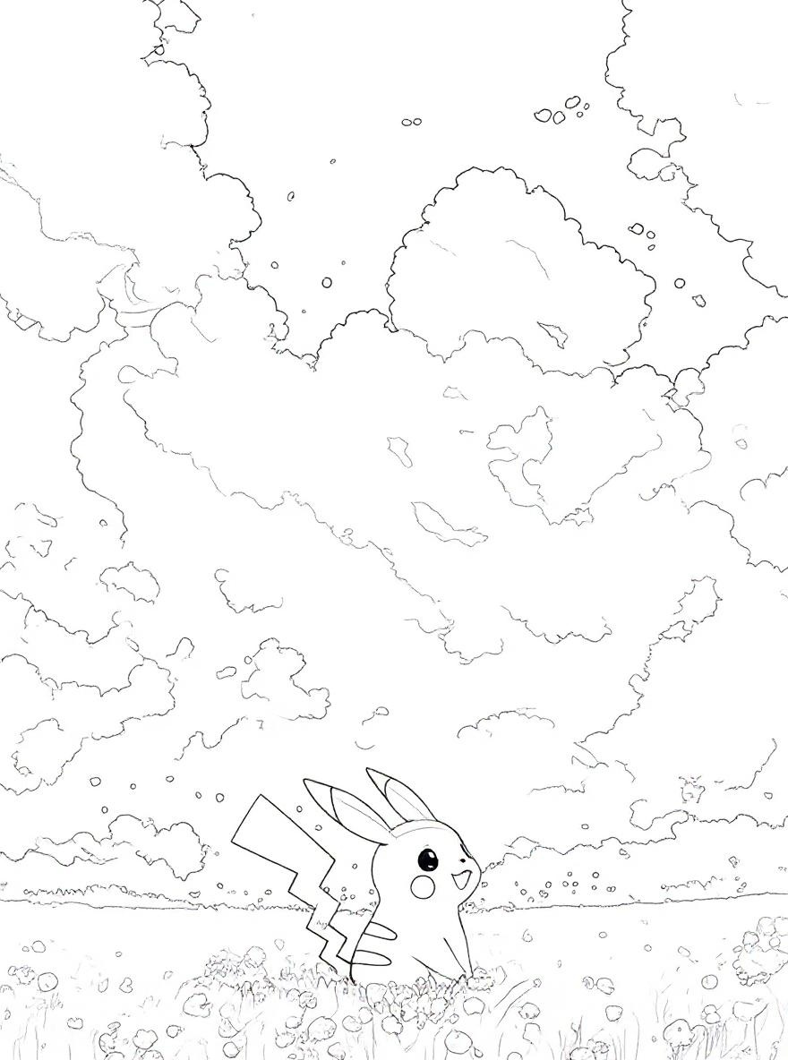 Pikachu in a field coloring page