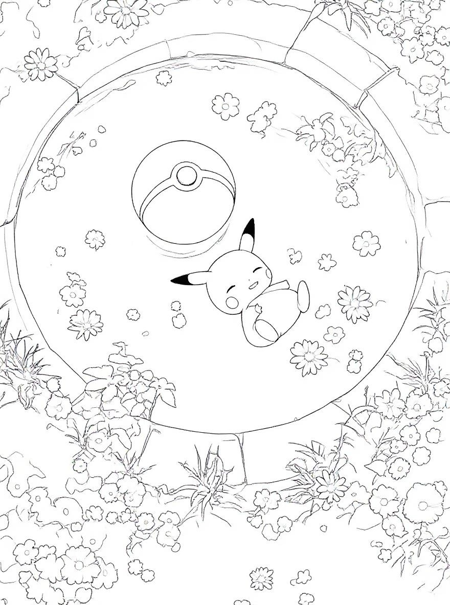 Pikachu in a pond coloring page