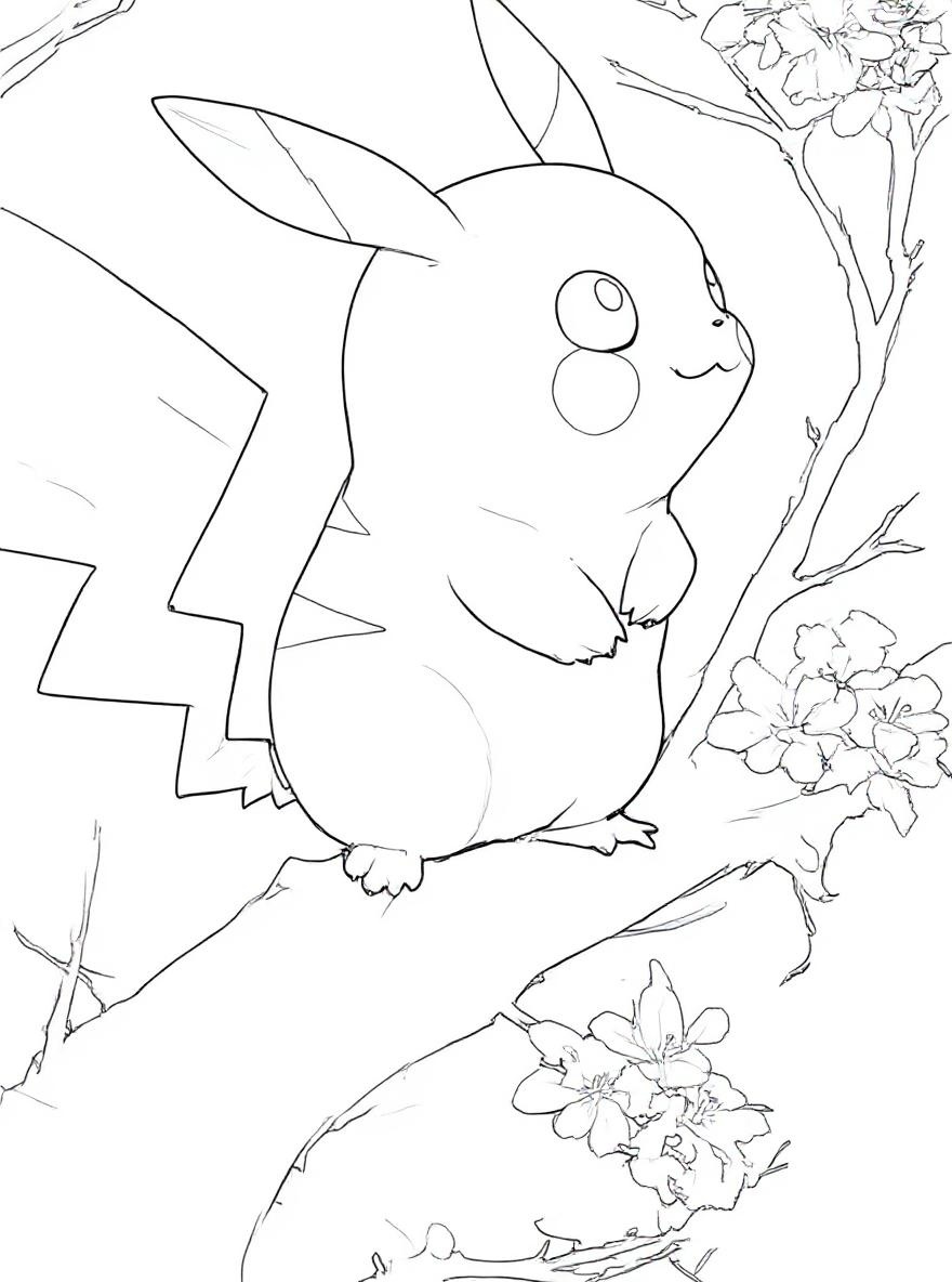 Pikachu on a branch coloring page