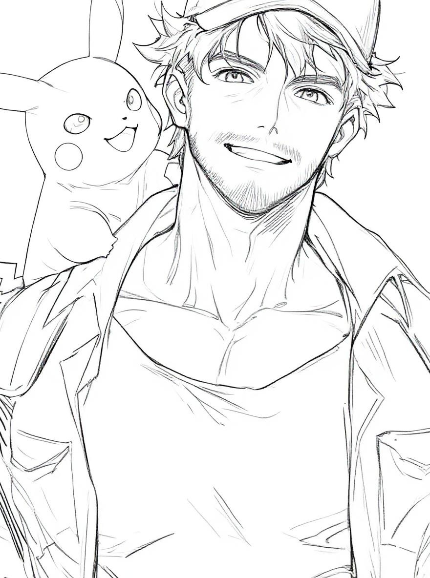 Pikachu on a trainers shoulder coloring page