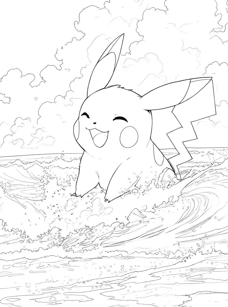 Pikachu playing in the ocean coloring page