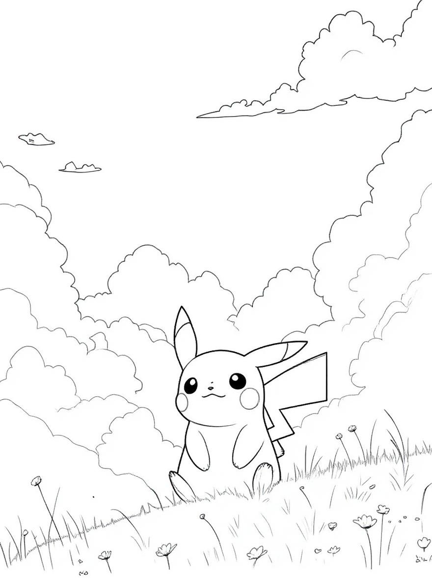 Pikachu sitting on a hill coloring page