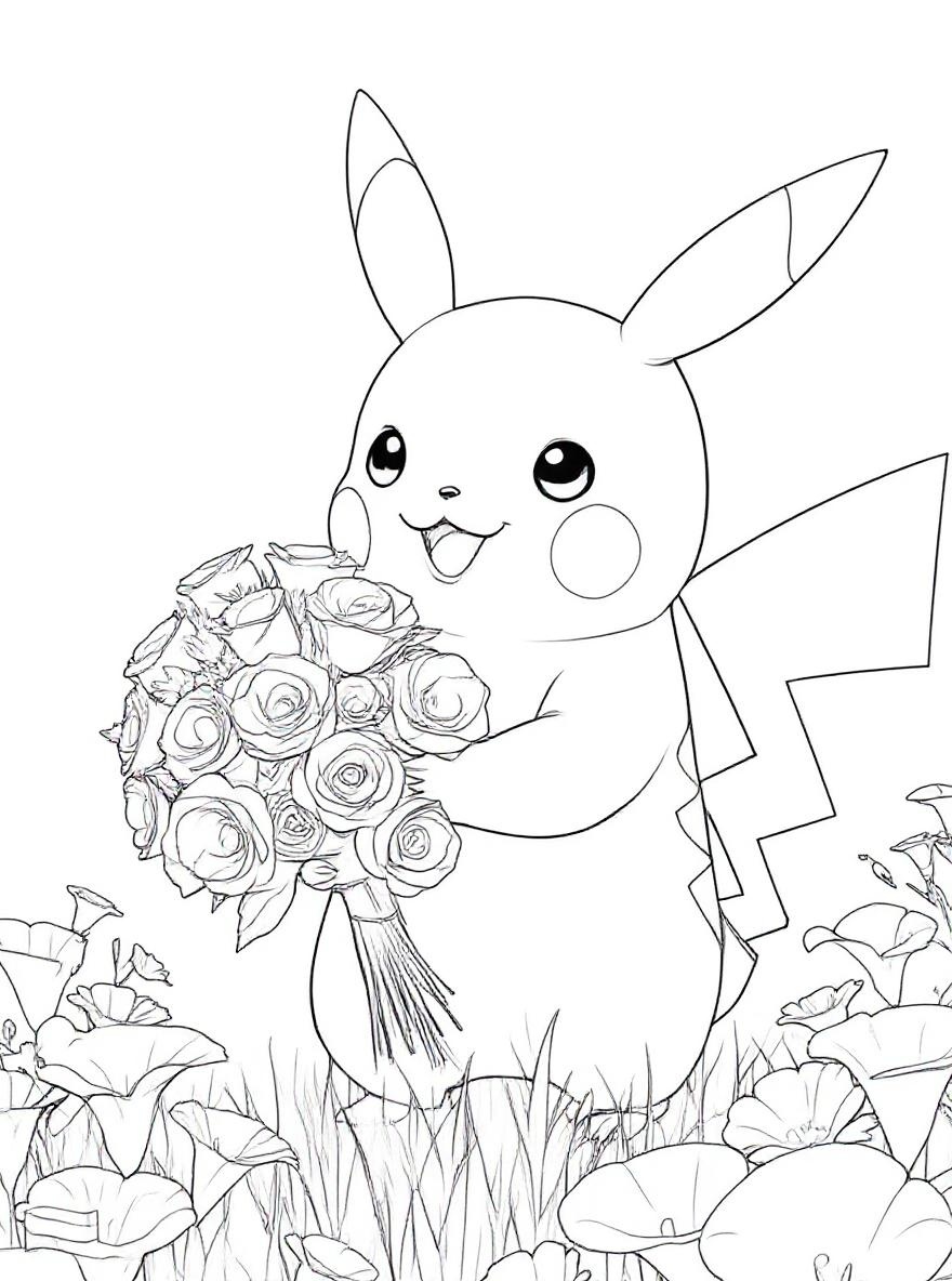 Pikachu with flowers coloring page