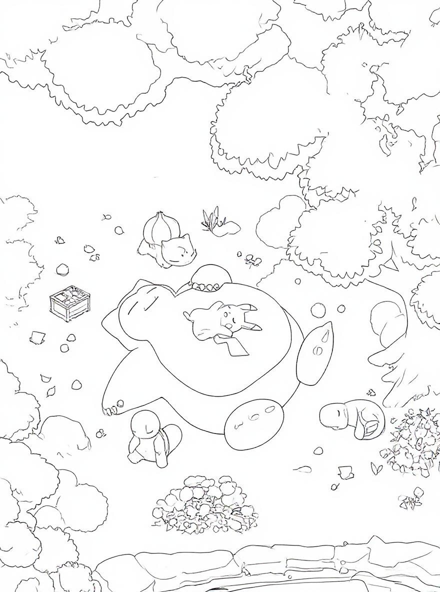 Pokemon friends nap in the park coloring page