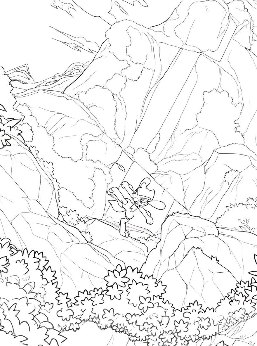 Riolu jumping in the mountains coloring page