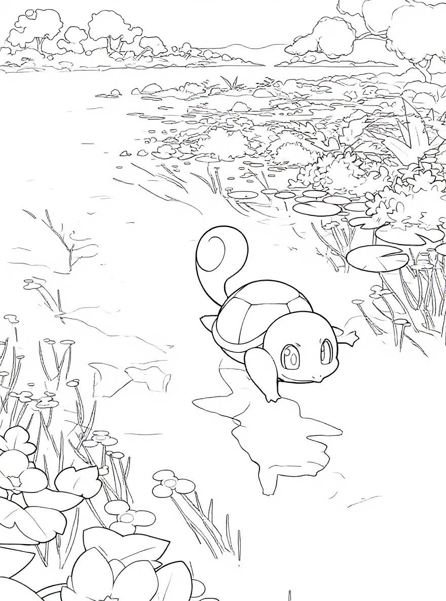 Squirtle swimming in water coloring page