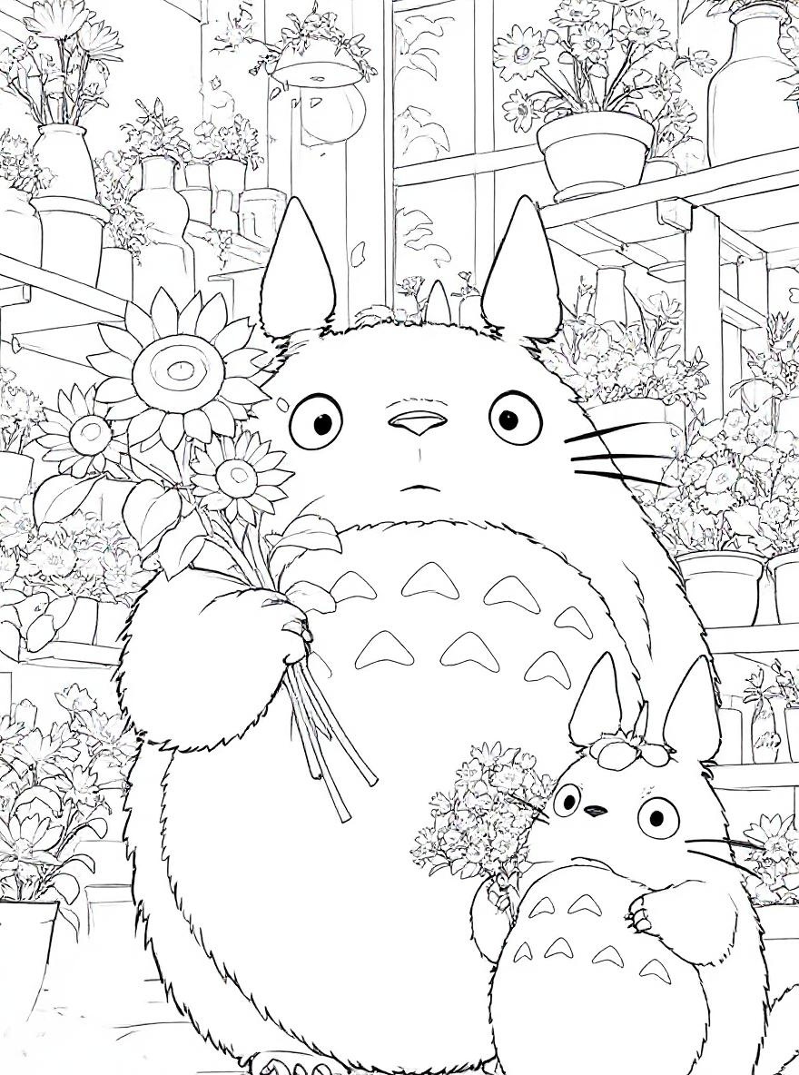 Totoro and friend with flowers coloring page