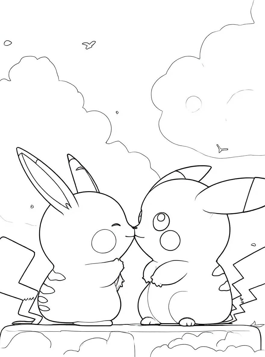 Two embracing pikachus coloring page
