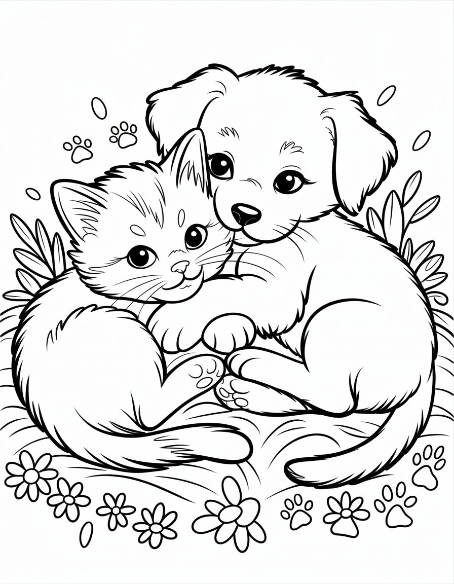 kitten and puppy coloring page