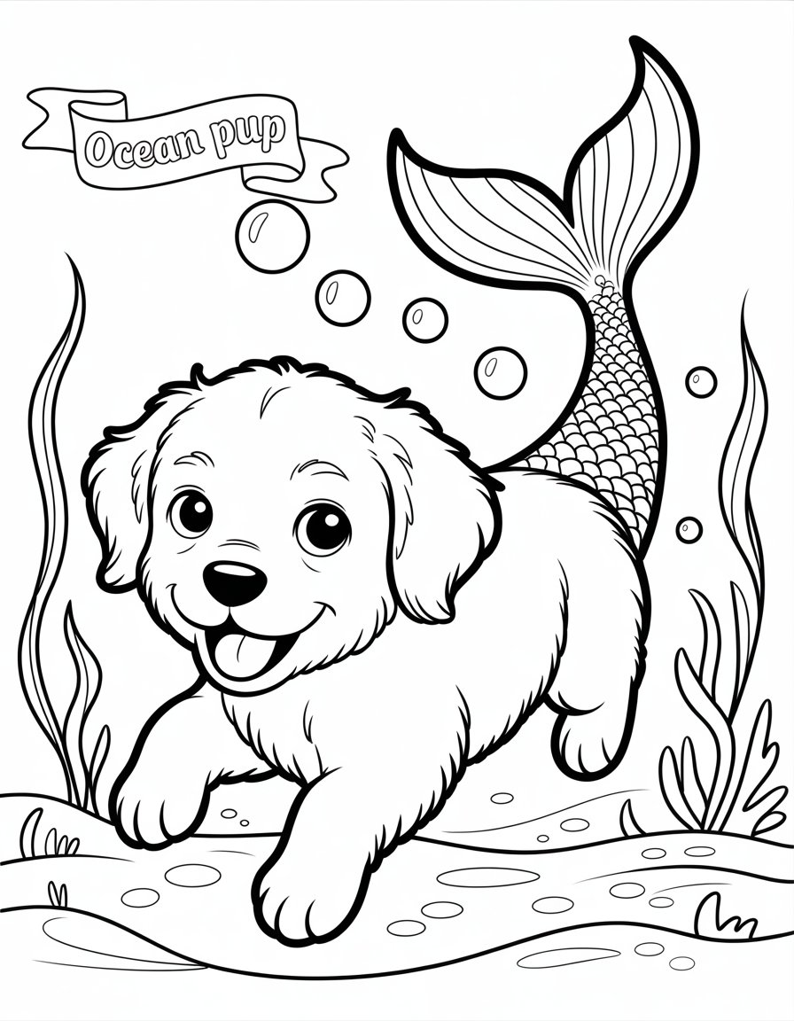 puppy mermaid coloring page