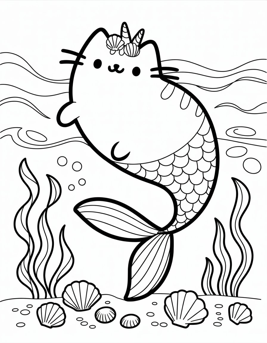 mermaid pusheen coloring page