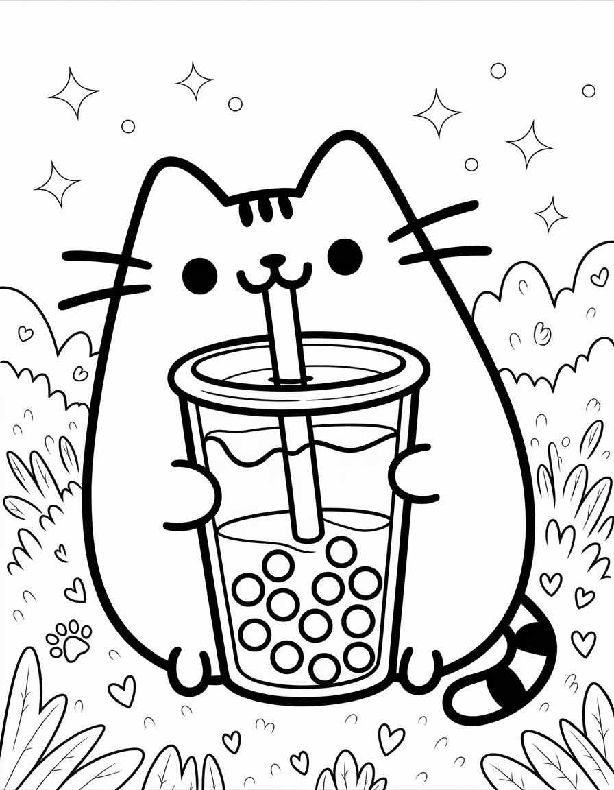 pusheen boba coloring page
