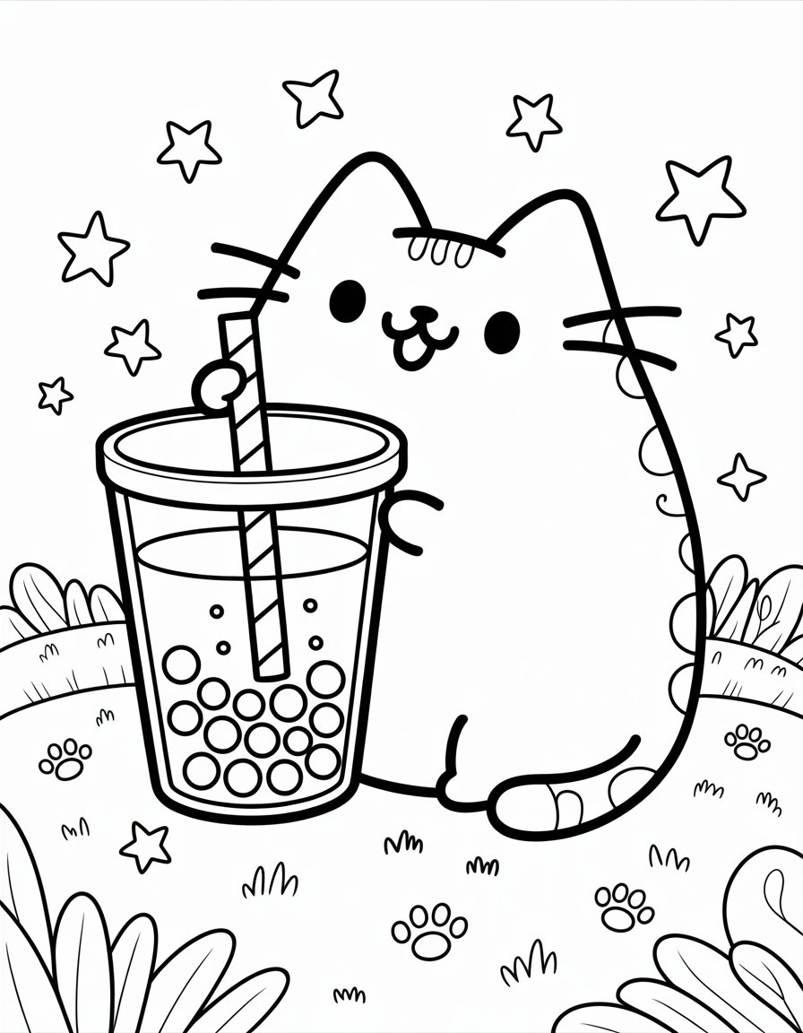 pusheen bubble tea coloring page