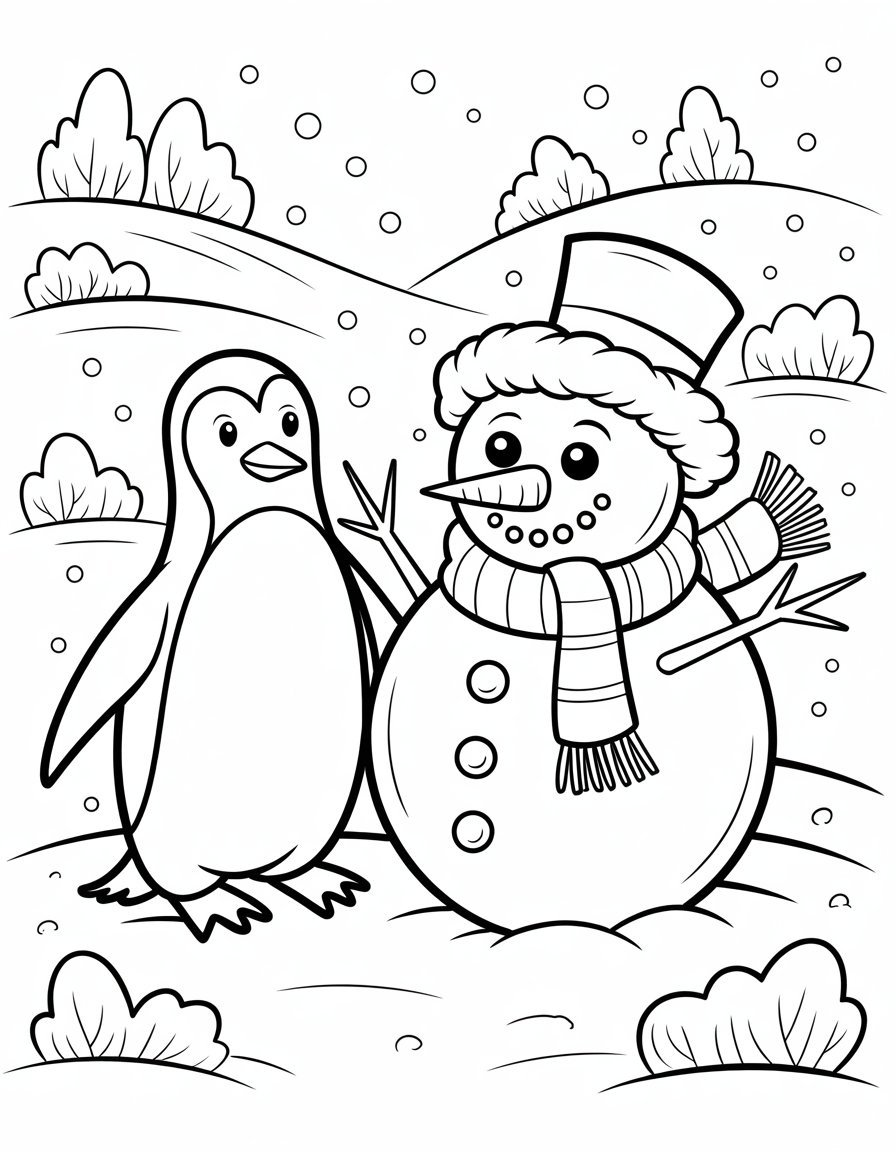 penguin and snowman coloring page