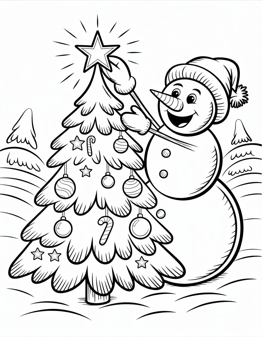 snowman and christmas tree coloring page