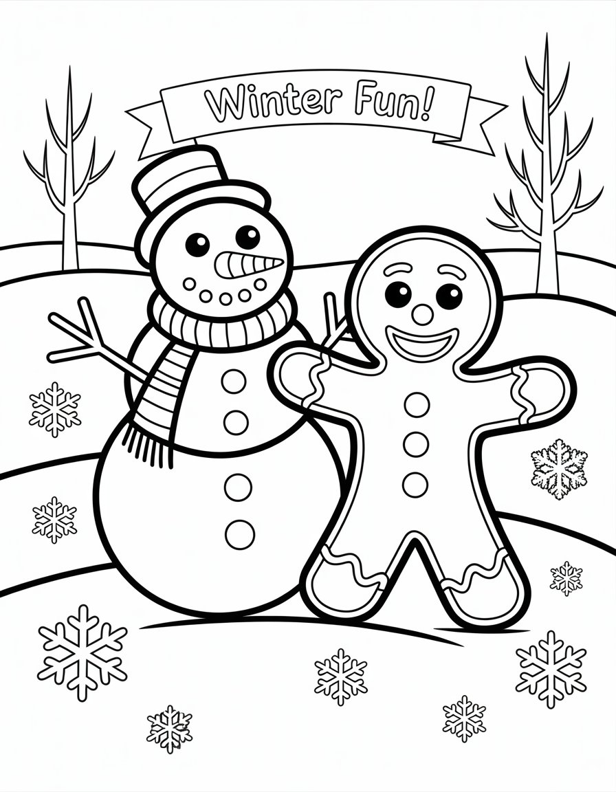 snowman and gingerbread man coloring page