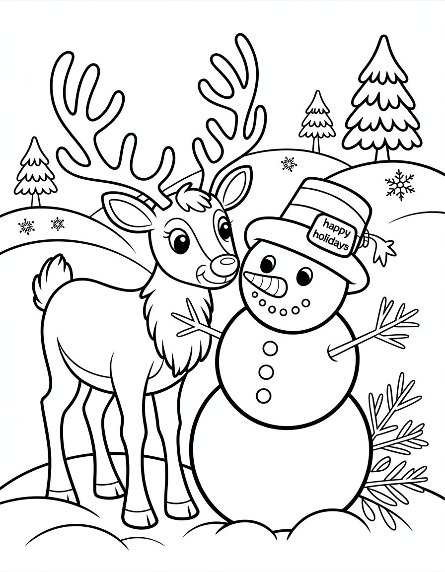 snowman and reindeer coloring page