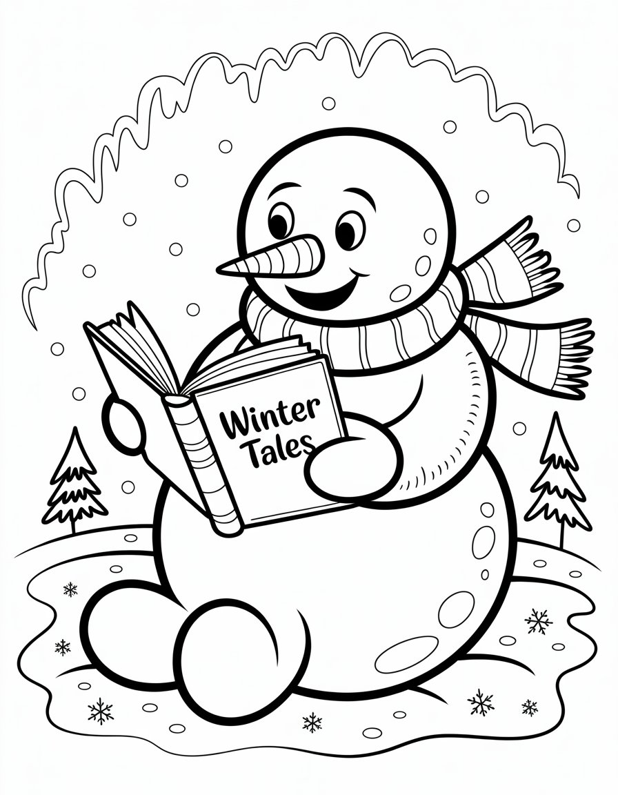 snowman reading coloring page