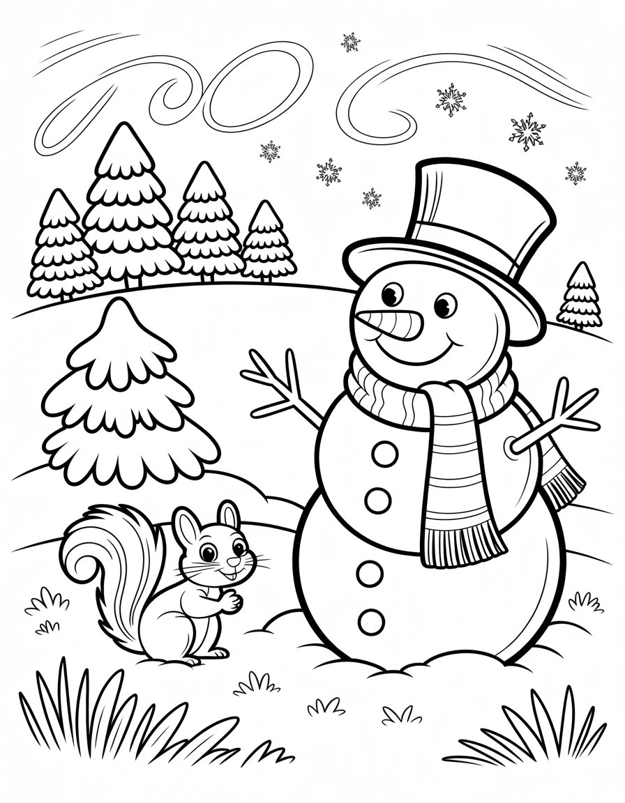 snowman scene coloring page