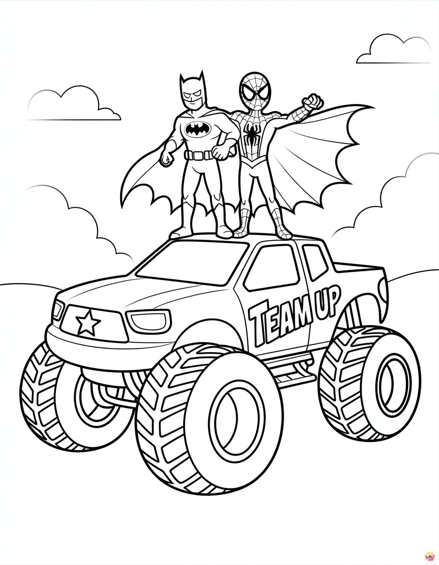 batman spiderman monster truck coloring page