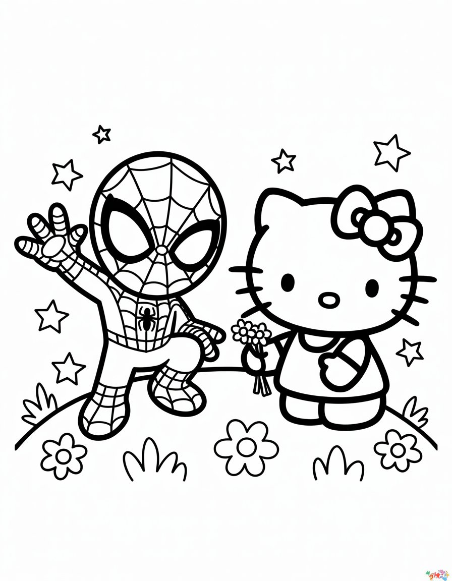 spiderman and hello kitty coloring page