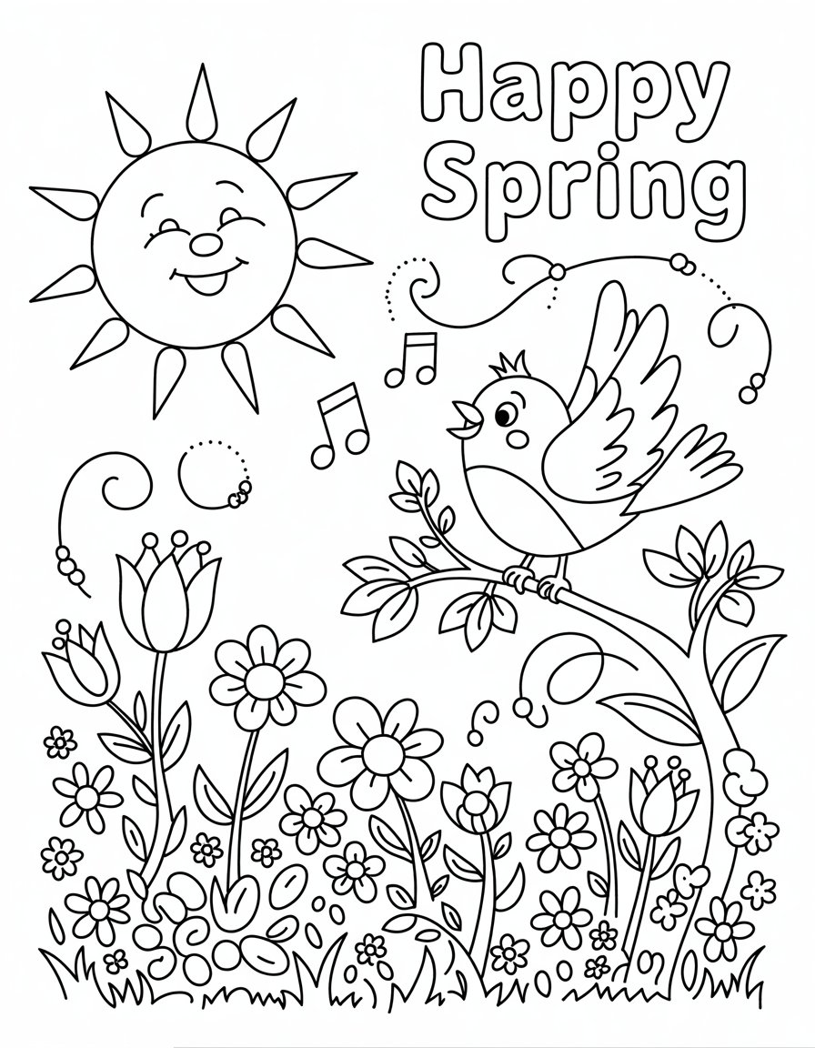 happy spring coloring page