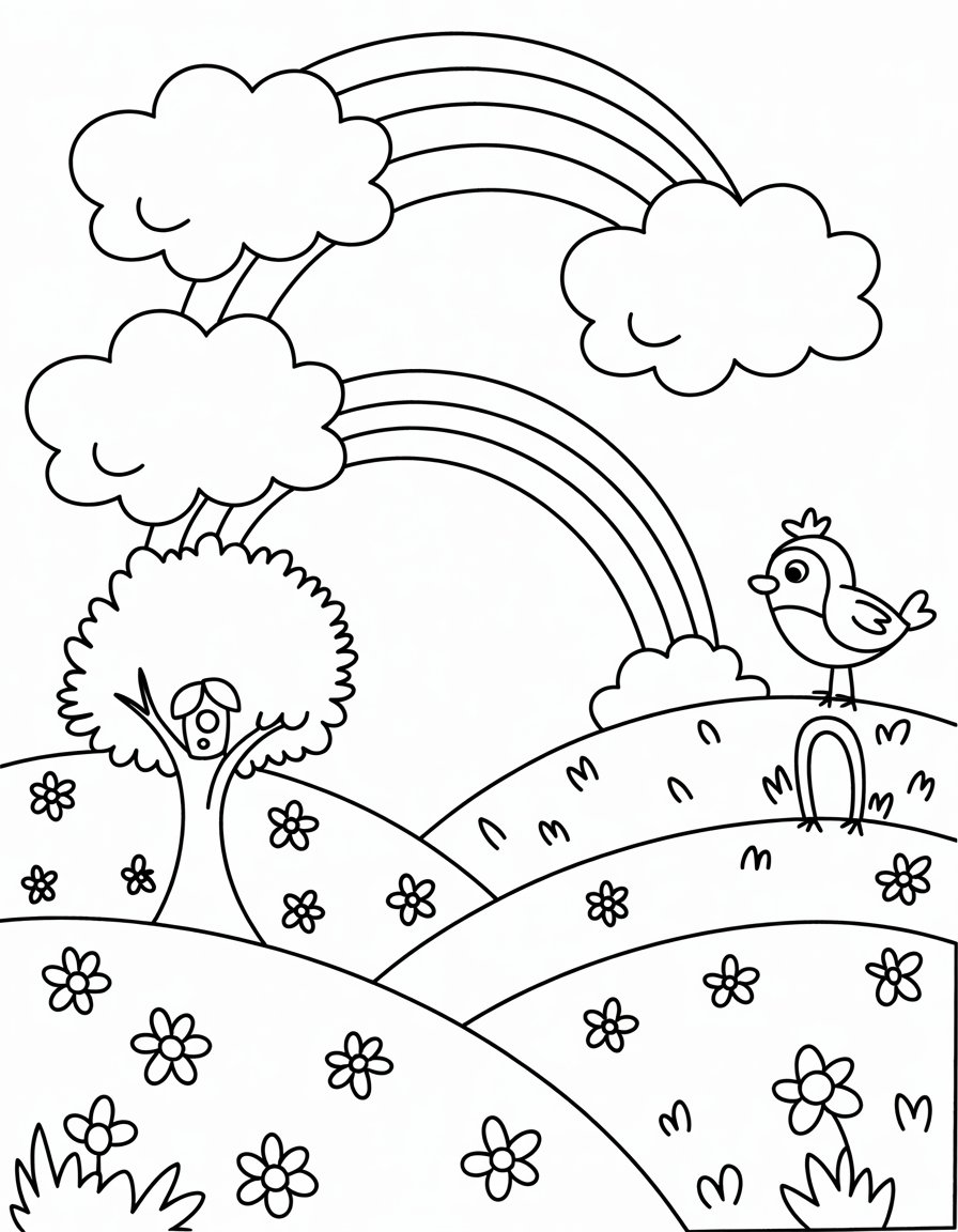 spring scene coloring page