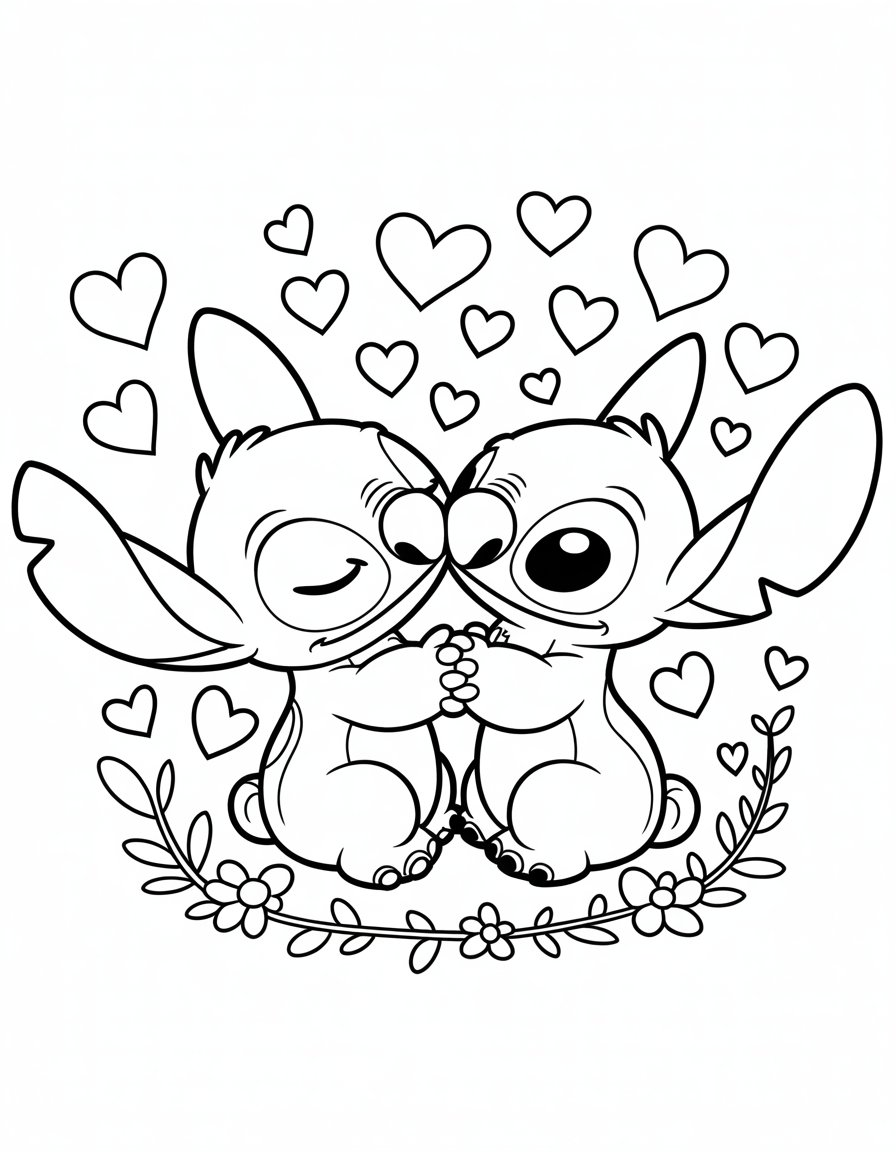 Stitch and Angel Kissing coloring page