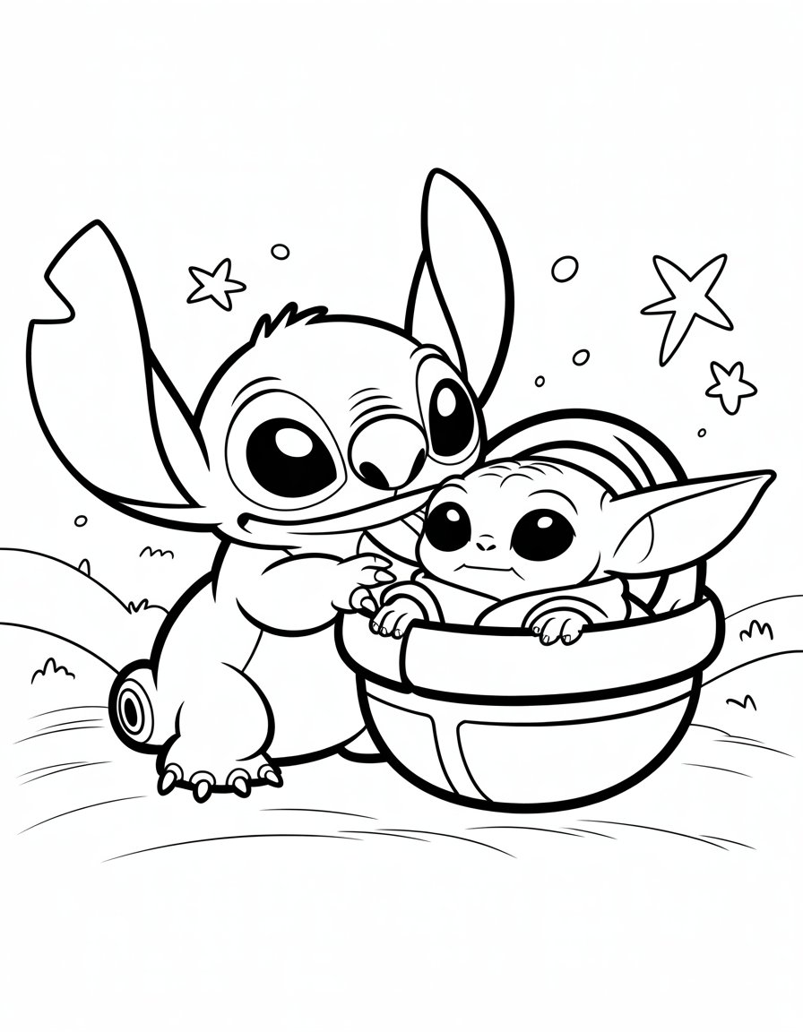Stitch and baby yoda coloring page