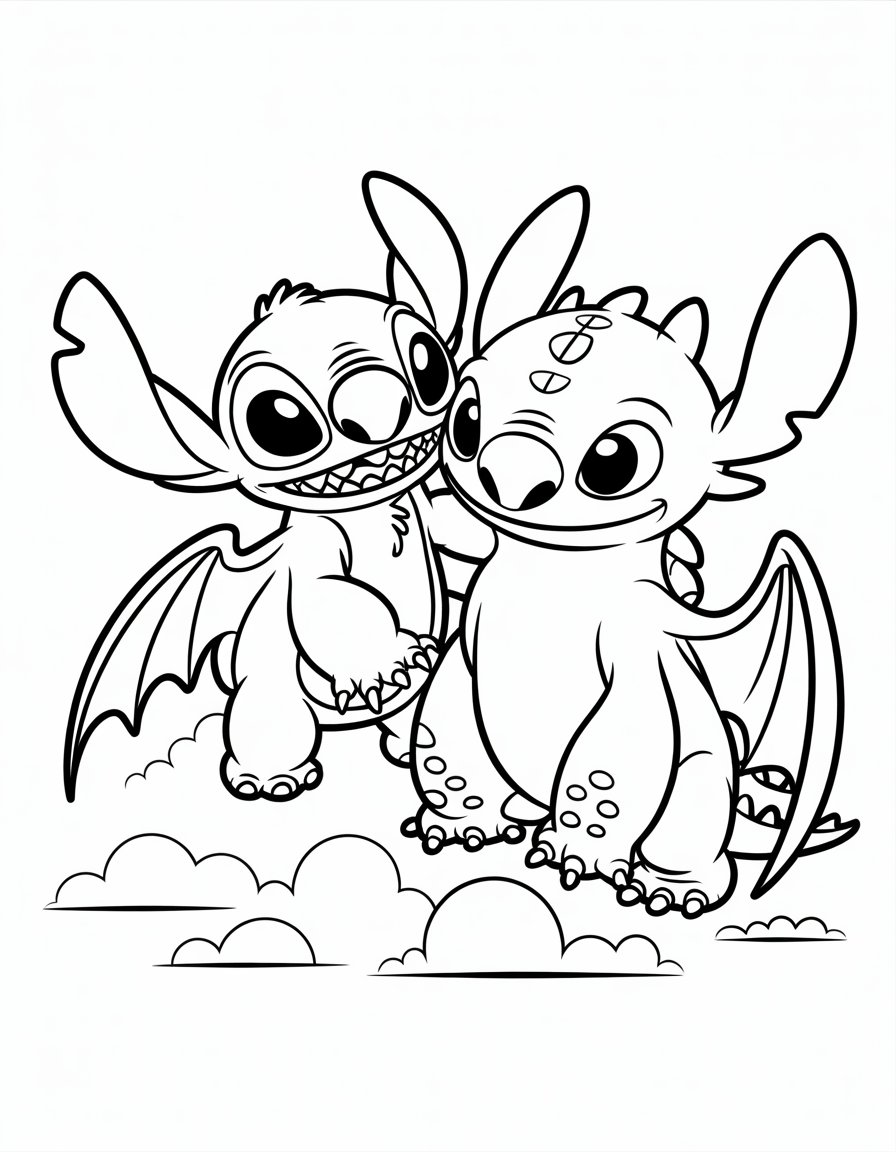 Stitch and toothless coloring page