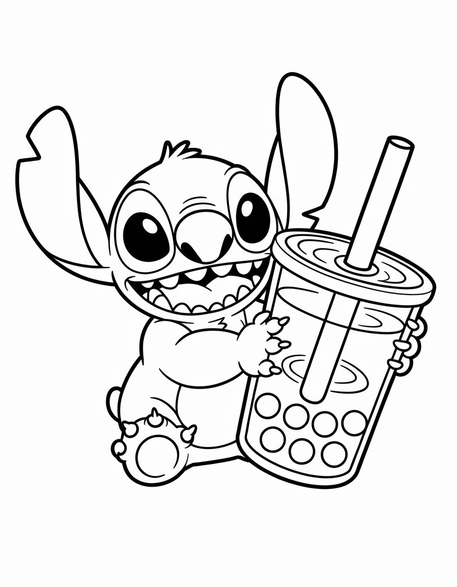 Stitch Drinking Boba coloring page