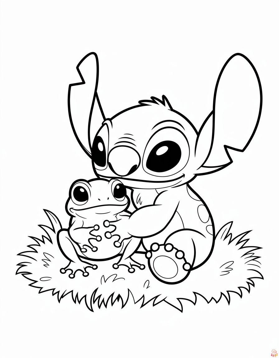 Stitch holding a frog coloring page