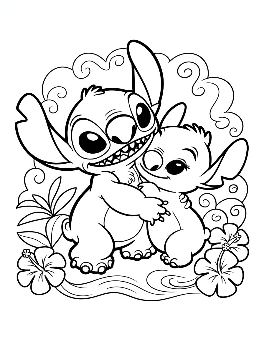 Stitch hugging Angel coloring page