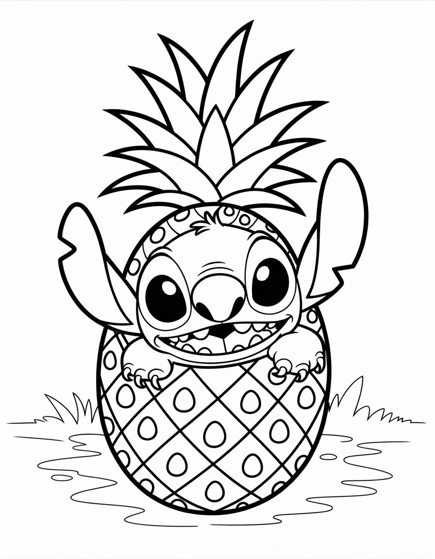 Stitch in a pineapple coloring page