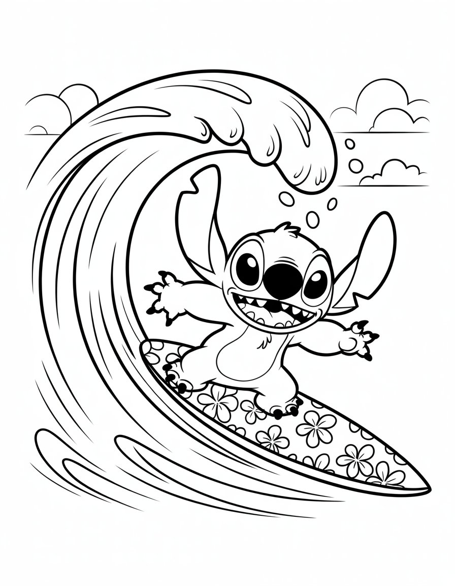 Stitch surfing coloring page