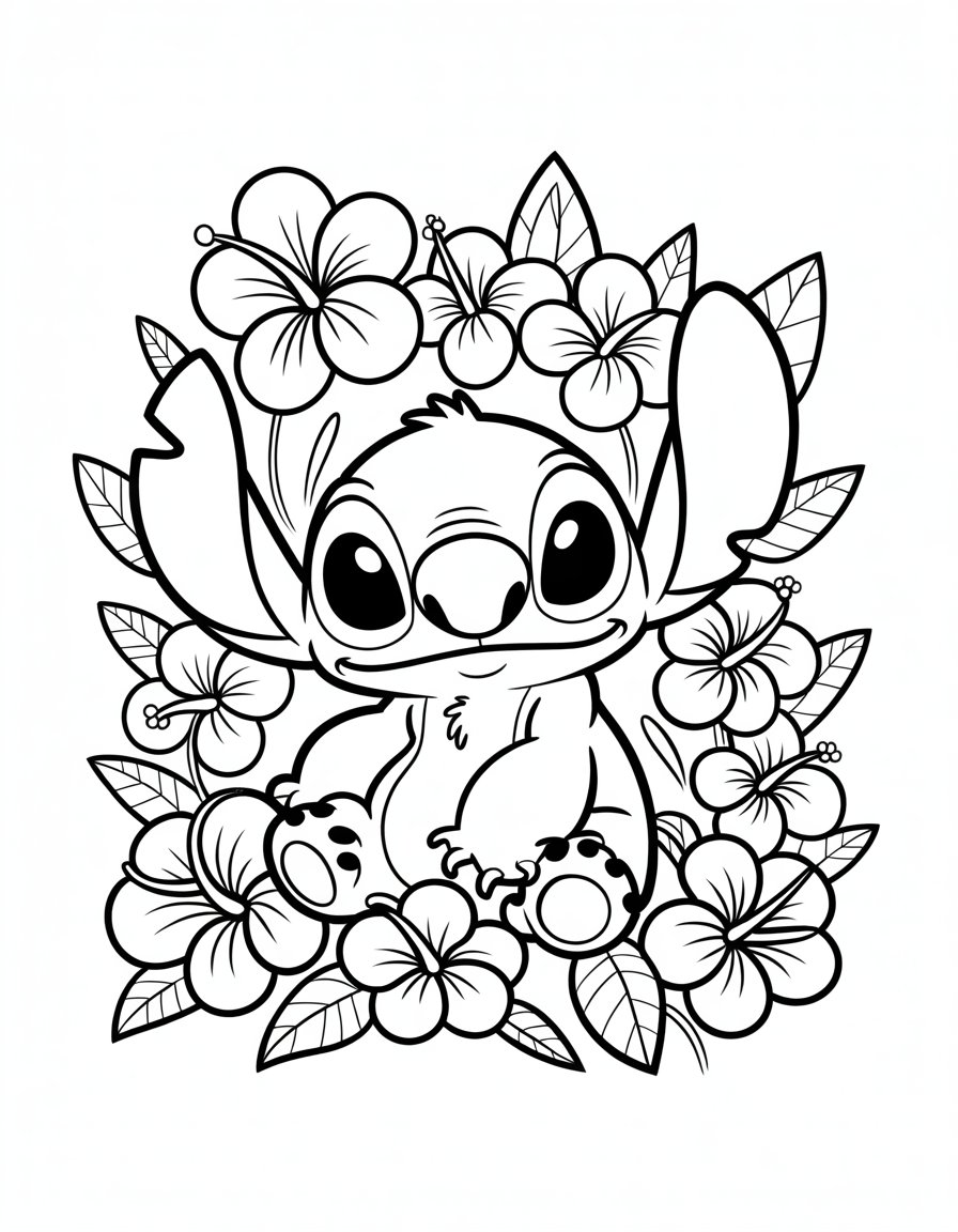 Stitch with Flowers coloring page