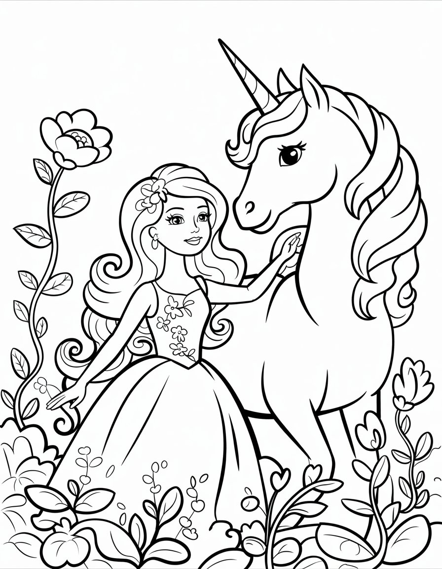 barbie and unicorn coloring page