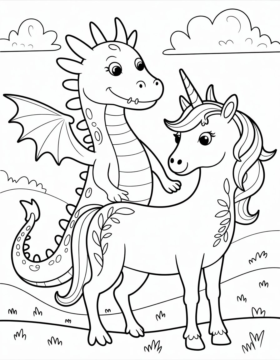 dragon and unicorn coloring page