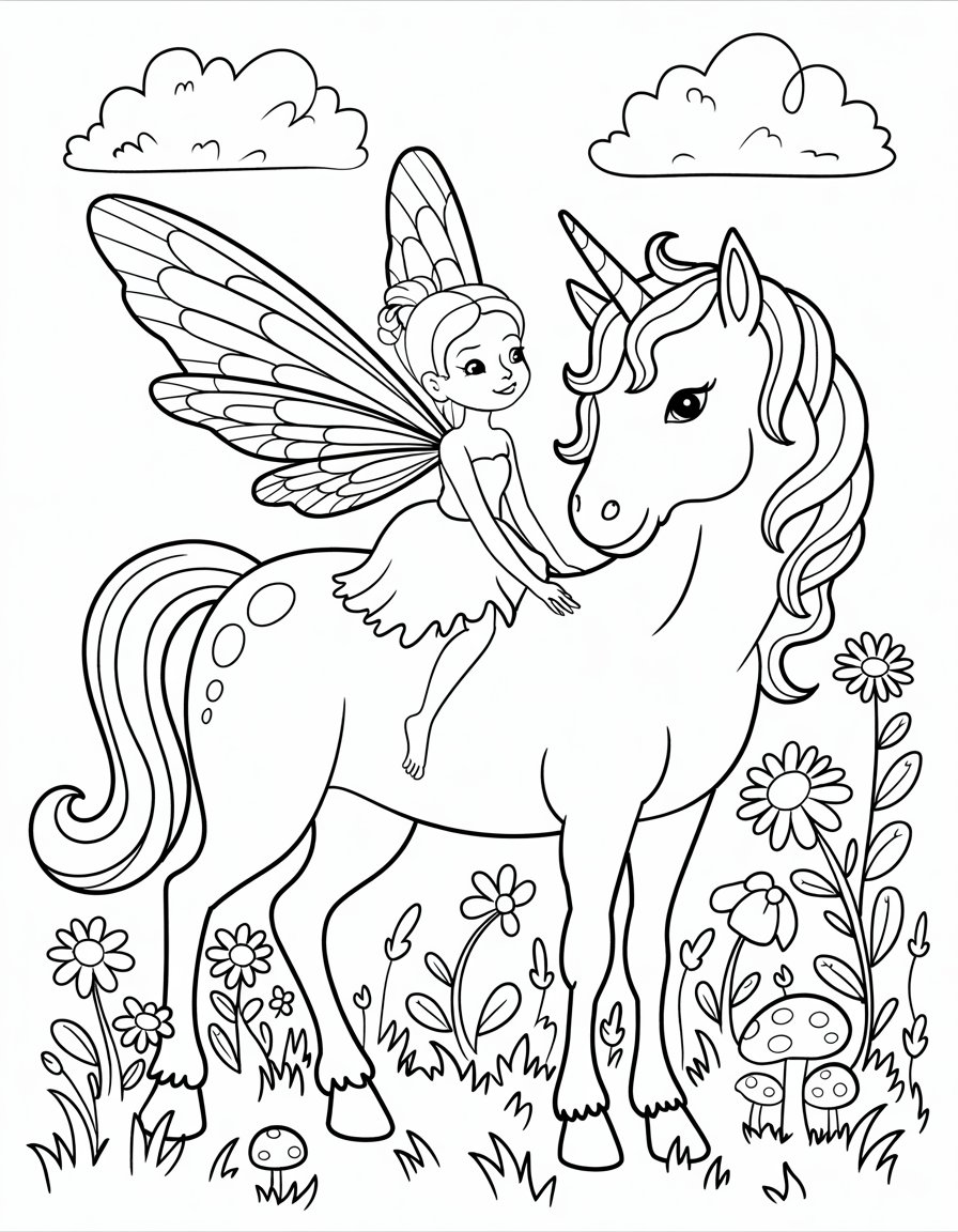 fairy and unicorn coloring page