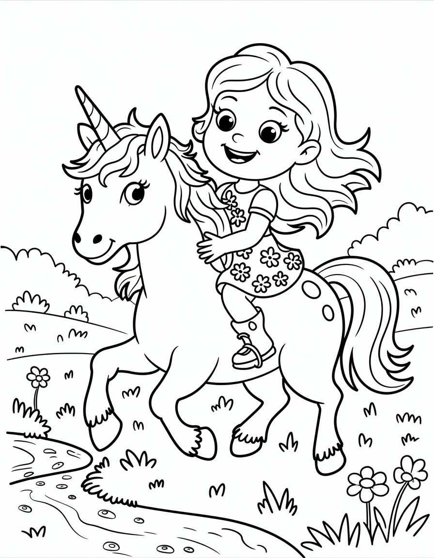 girl riding unicorn coloring page