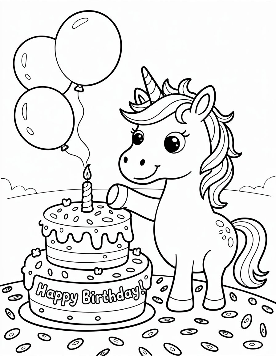 happy birthday unicorn coloring page